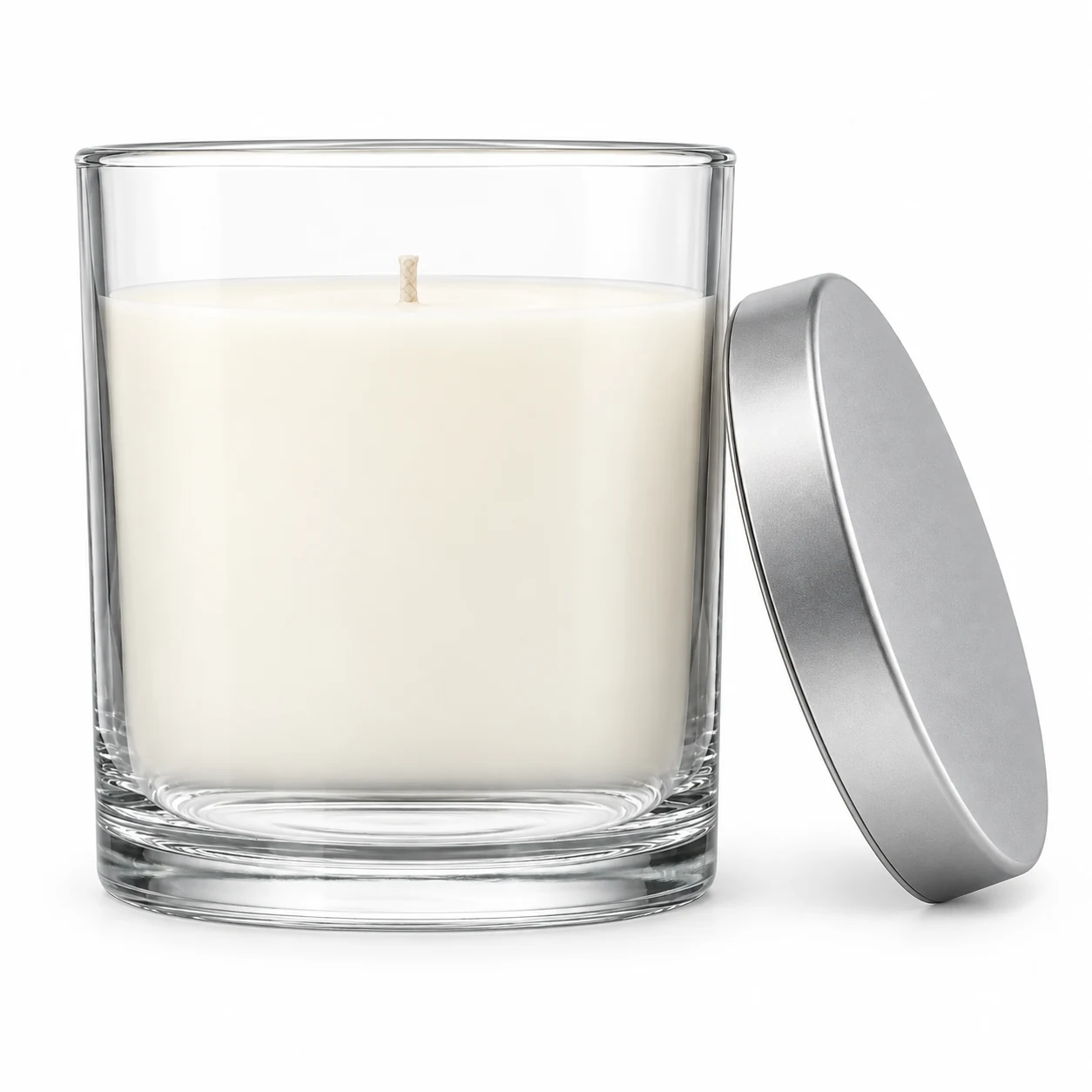 550ml Straight-Sided Glass Candle Jar (VSS-CJ-017) — candle application — frosted silver tin lid