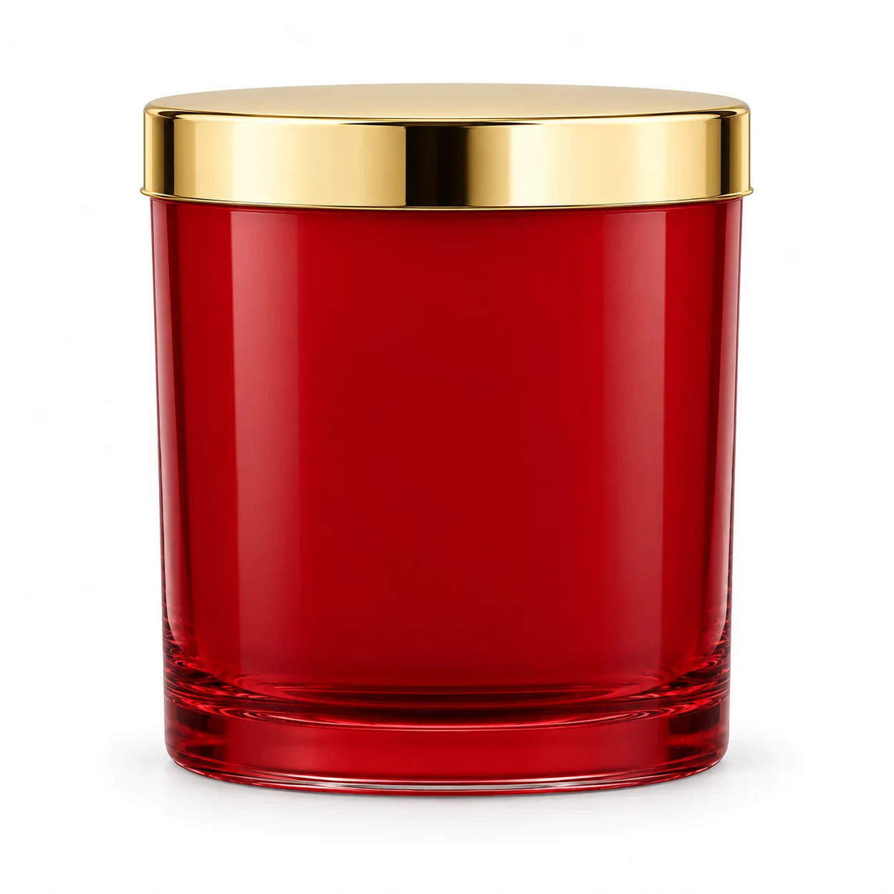 550ml Straight-Sided Glass Candle Jar (VSS-CJ-017) — candle application — glossy red gold tin lid closed