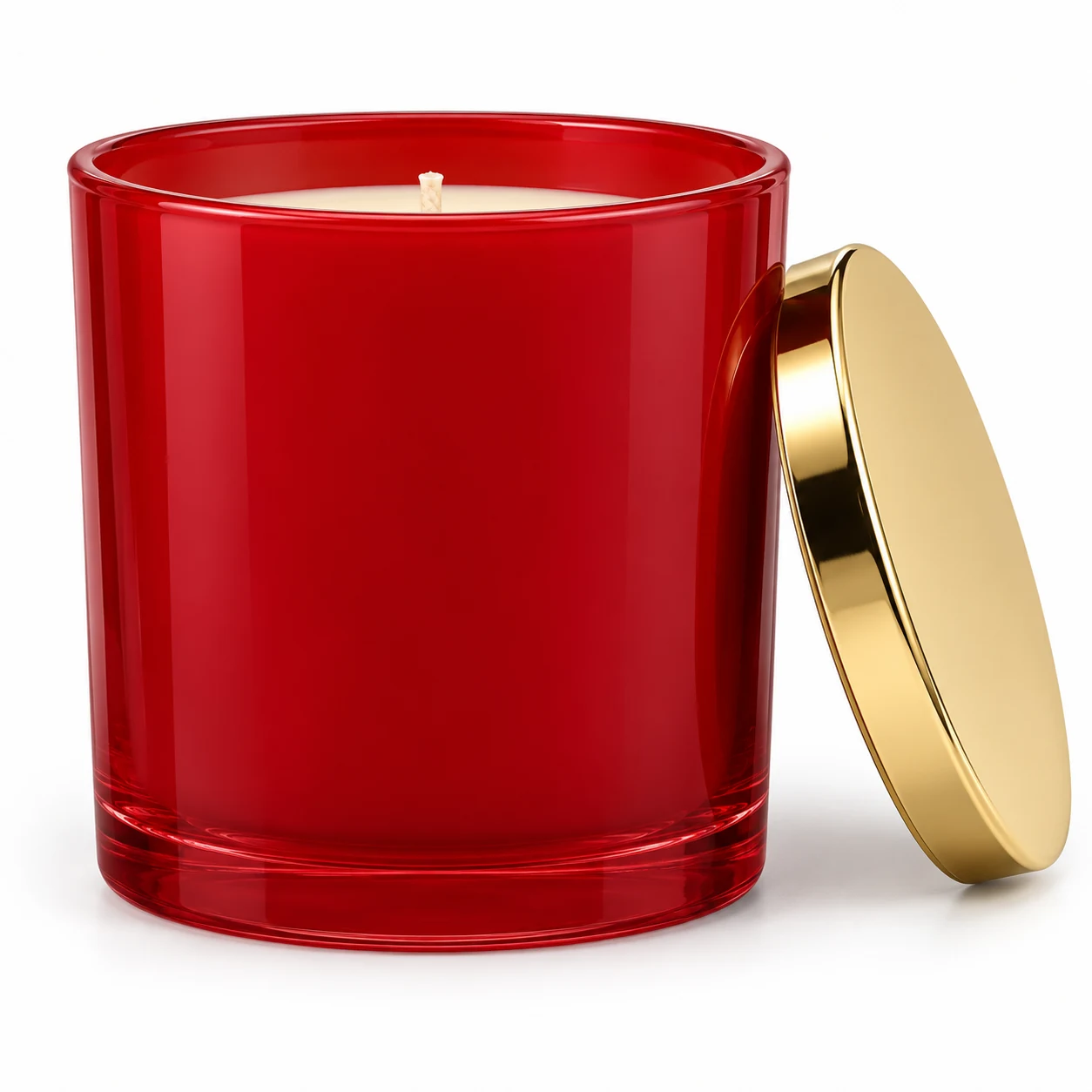 550ml Straight-Sided Glass Candle Jar (VSS-CJ-017) — candle application — glossy red gold tin lid