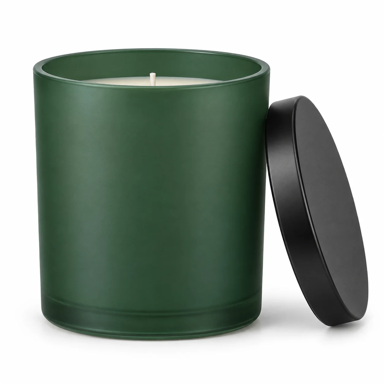 550ml Straight-Sided Glass Candle Jar (VSS-CJ-017) — candle application — matte green black tin lid