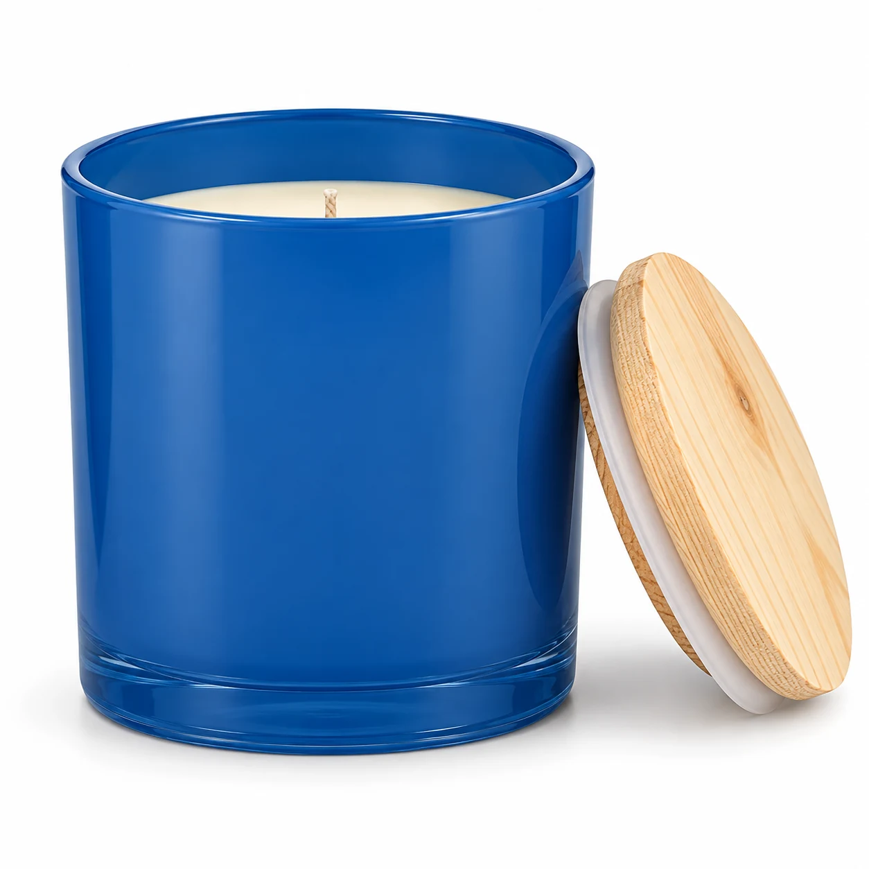 550ml Straight-Sided Glass Candle Jar (VSS-CJ-017) — candle application — opaque glossy blue pine lid