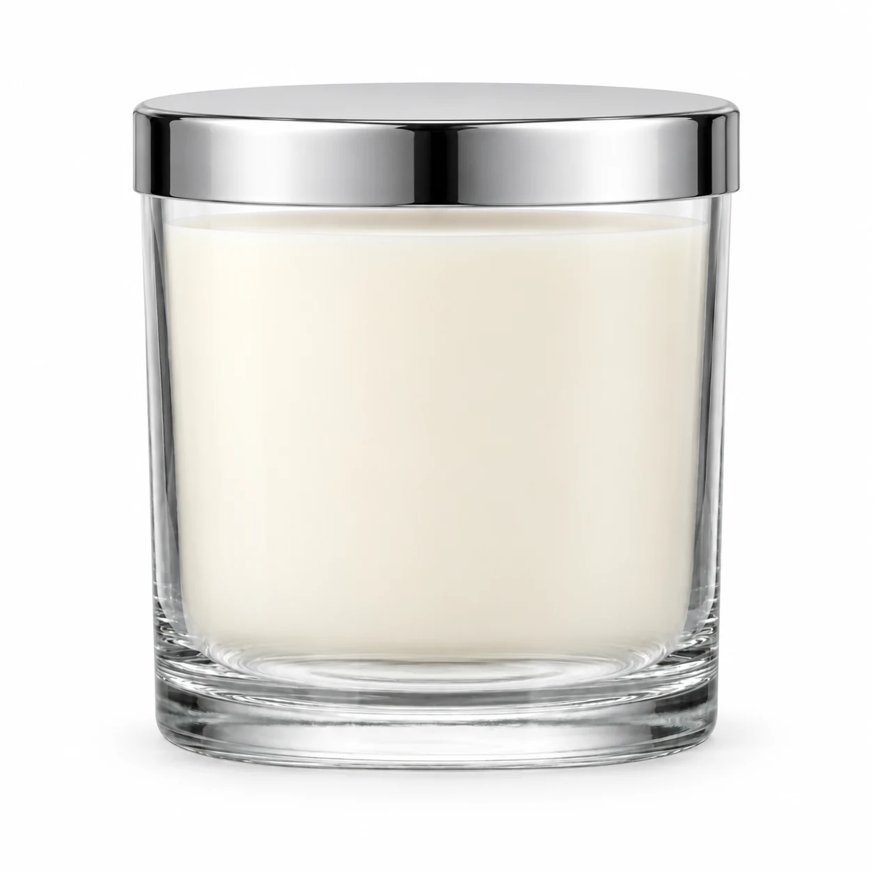 550ml Straight-Sided Glass Candle Jar (VSS-CJ-017) — candle application — polished silver tin lid closed