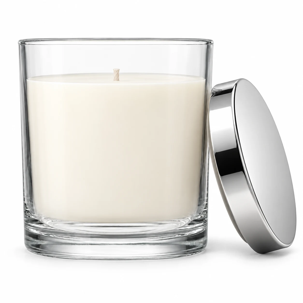 550ml Straight-Sided Glass Candle Jar (VSS-CJ-017) — candle application — polished silver tin lid