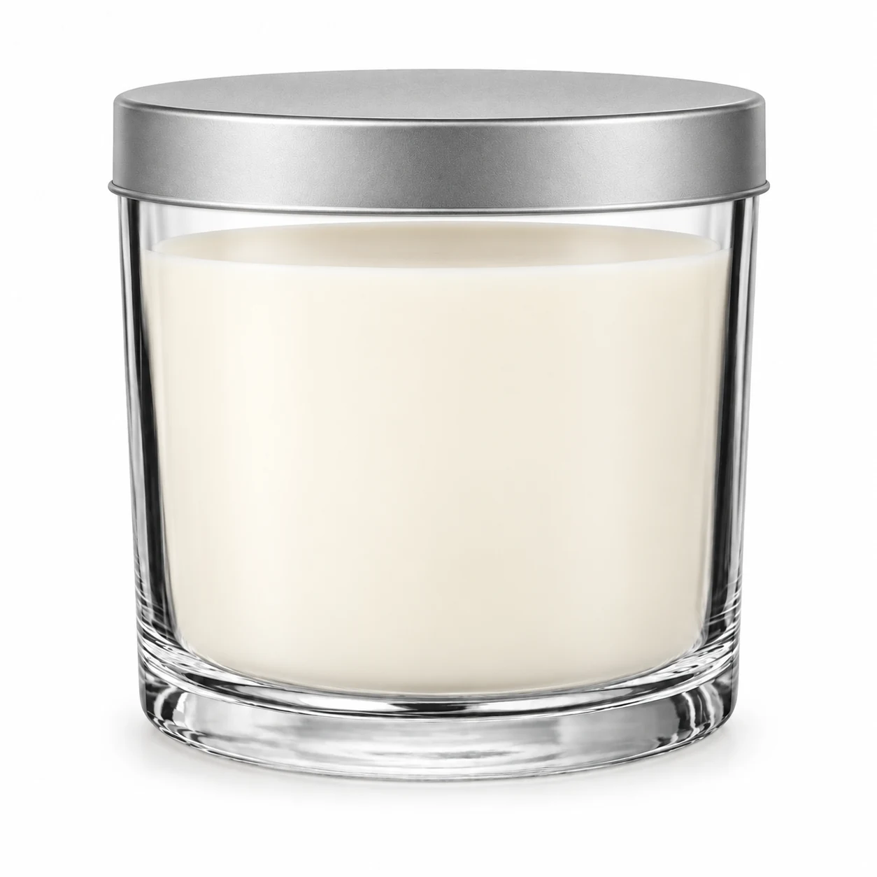 930ml Straight-Sided Glass Candle Jar (VSS-CJ-018) — candle application — frosted silver tin lid closed
