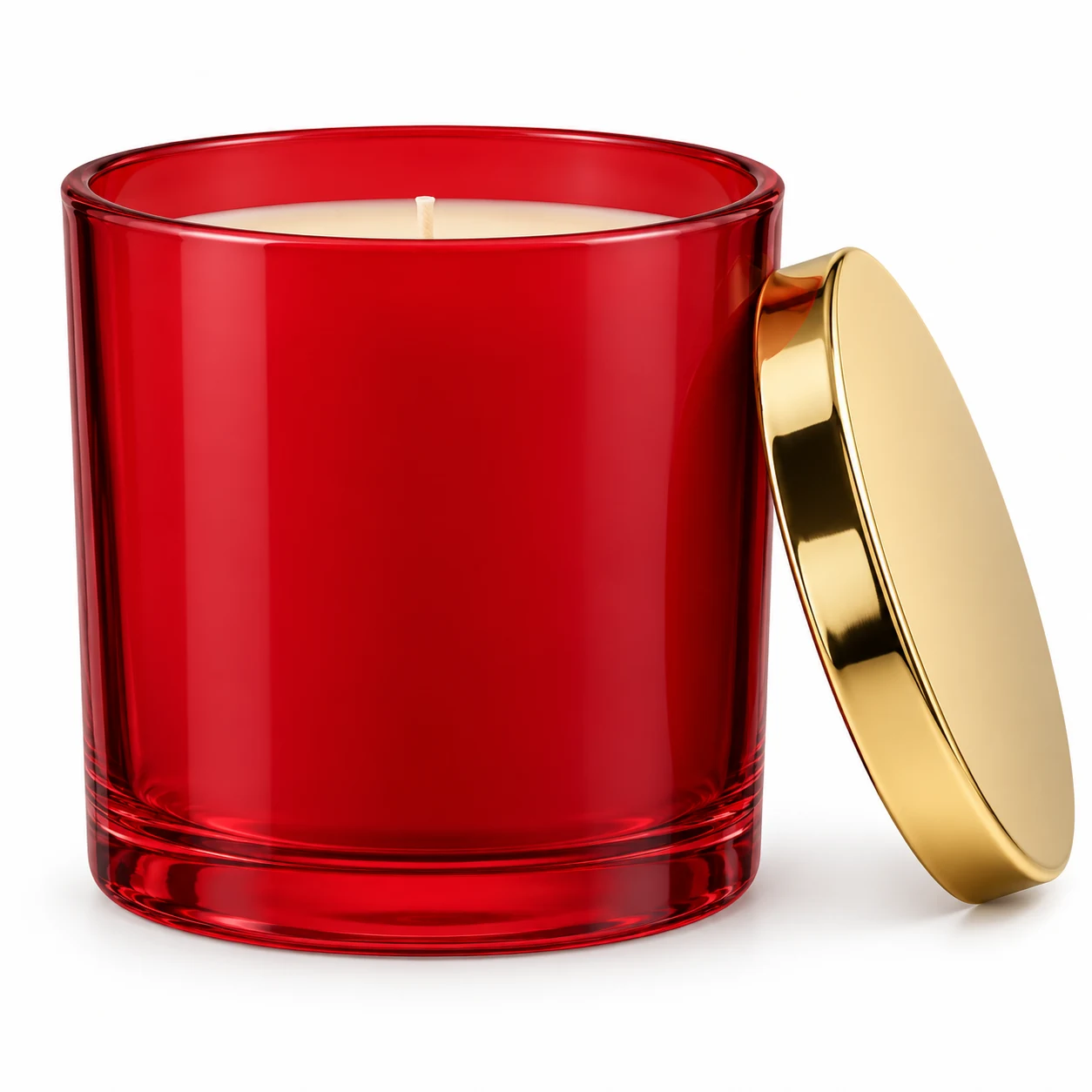930ml Straight-Sided Glass Candle Jar (VSS-CJ-018) — candle application — glossy red gold tin lid
