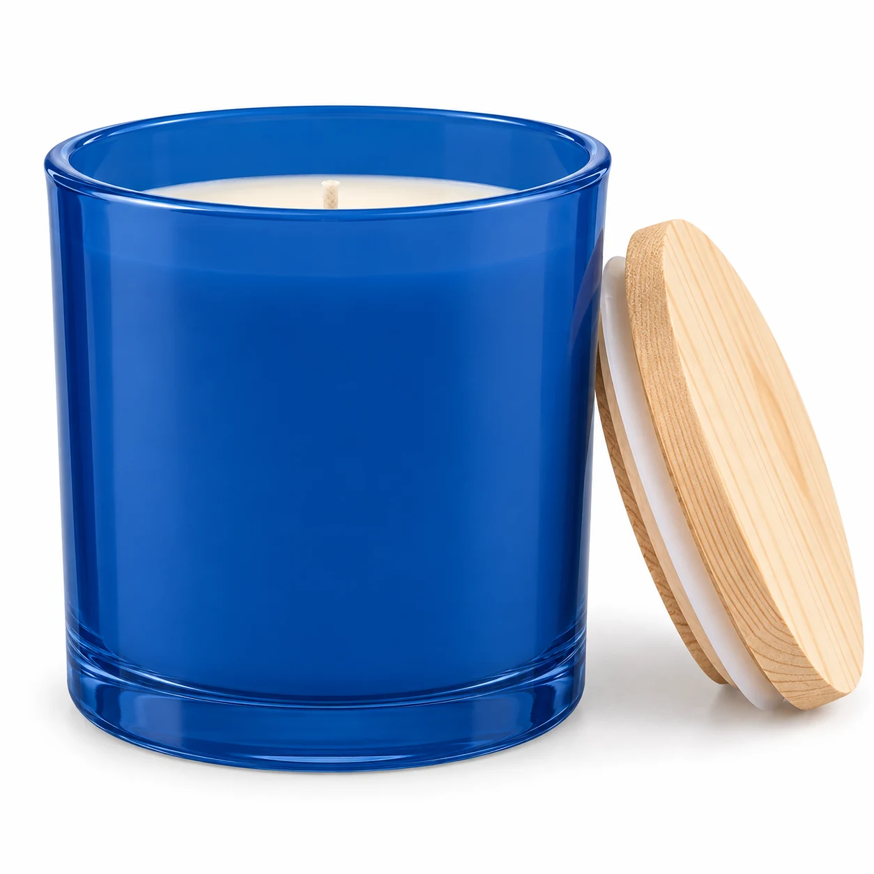 930ml Straight-Sided Glass Candle Jar (VSS-CJ-018) — candle application — opaque glossy blue pine lid