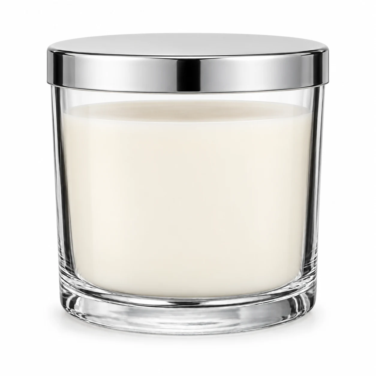 930ml Straight-Sided Glass Candle Jar (VSS-CJ-018) — candle application — polished silver tin lid closed