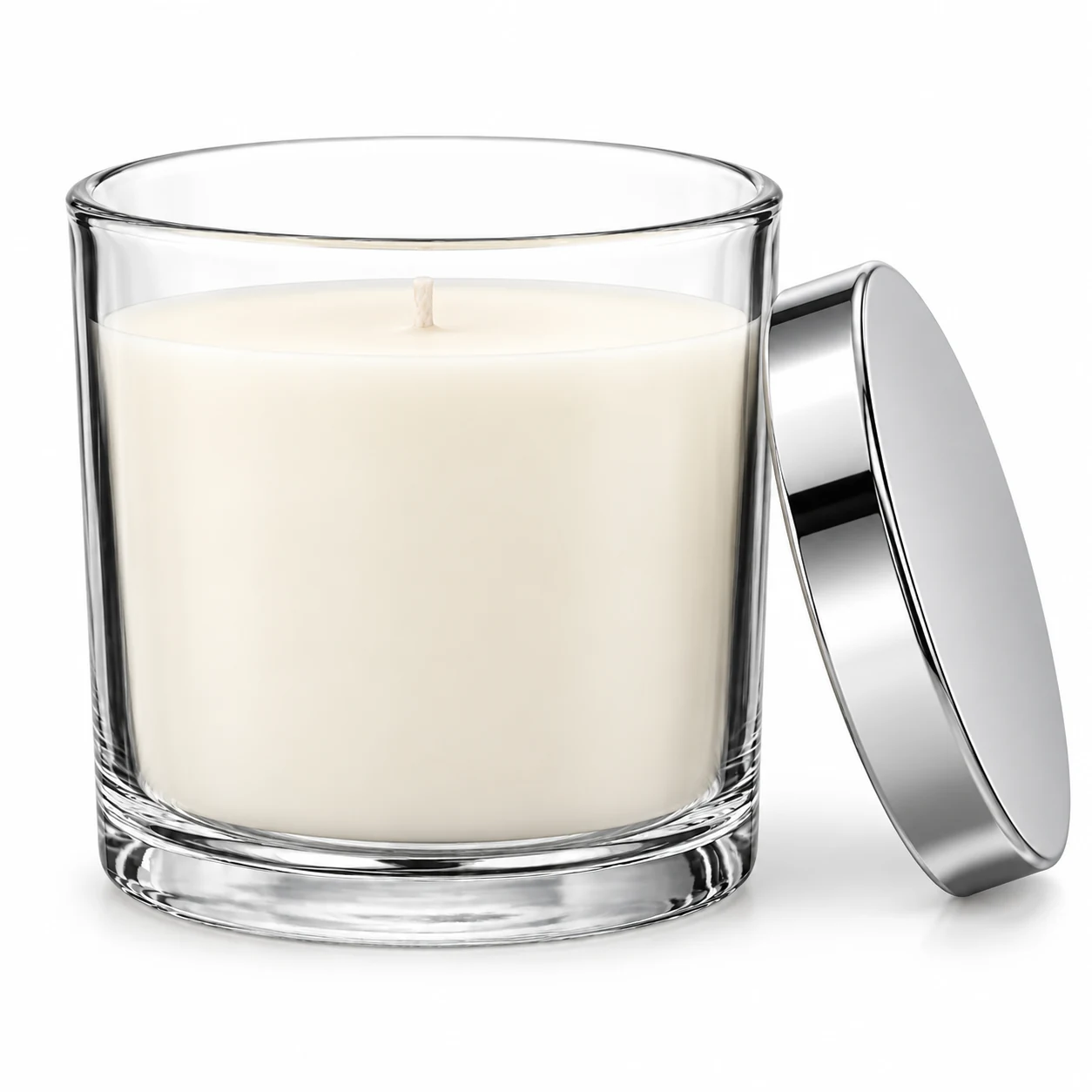 930ml Straight-Sided Glass Candle Jar (VSS-CJ-018) — candle application — polished silver tin lid