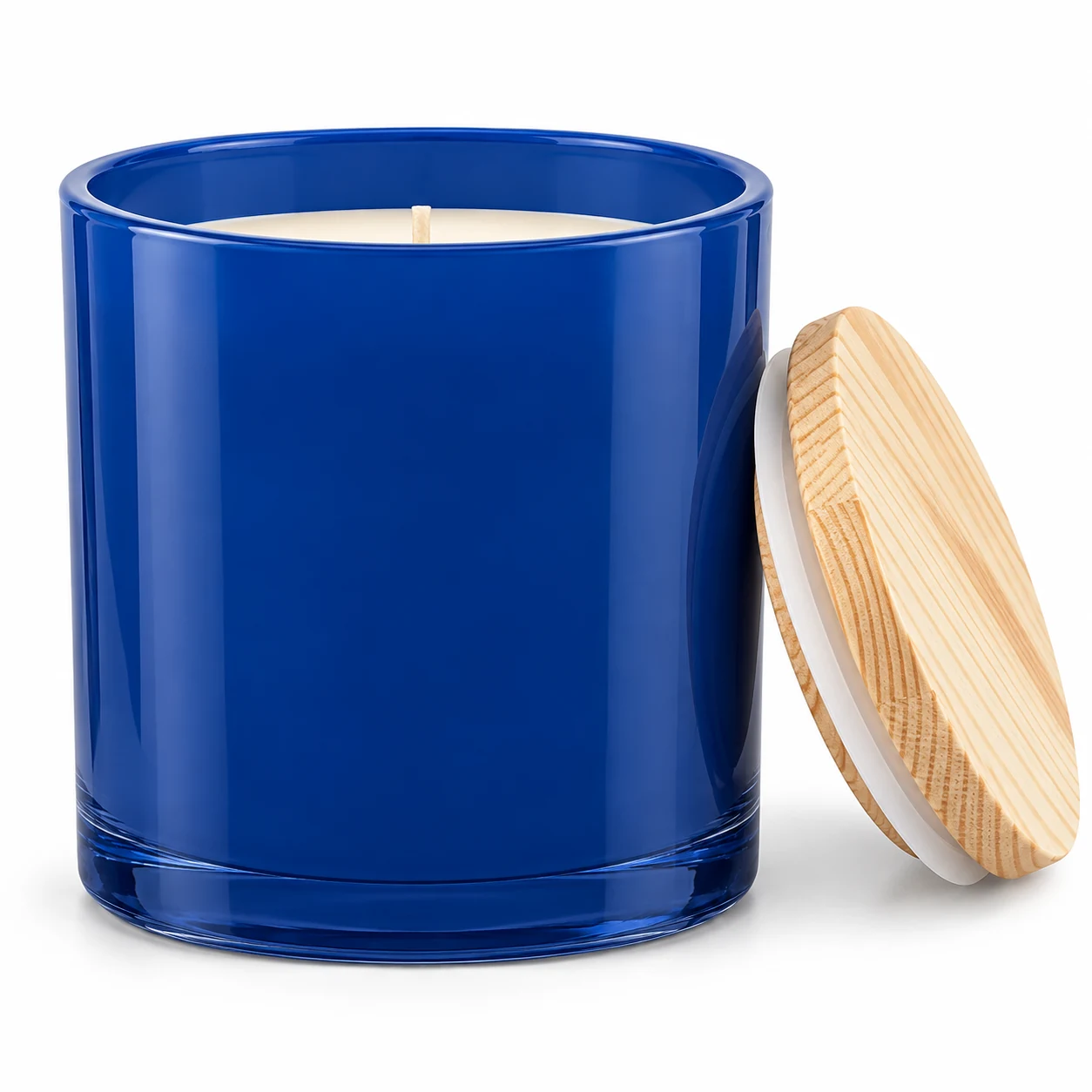1950ml Straight-Sided Glass Candle Jar (VSS-CJ-019) — candle application — opaque glossy blue pine lid