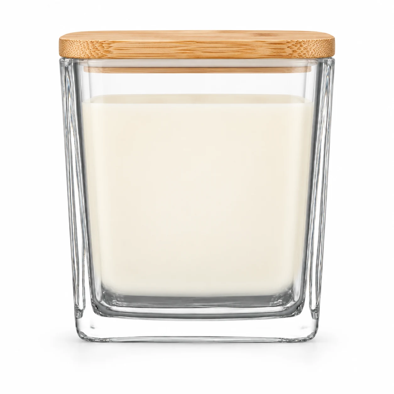 300ml Square Glass Candle Jar (VSS-CJ-020) — candle application — bamboo lid closed