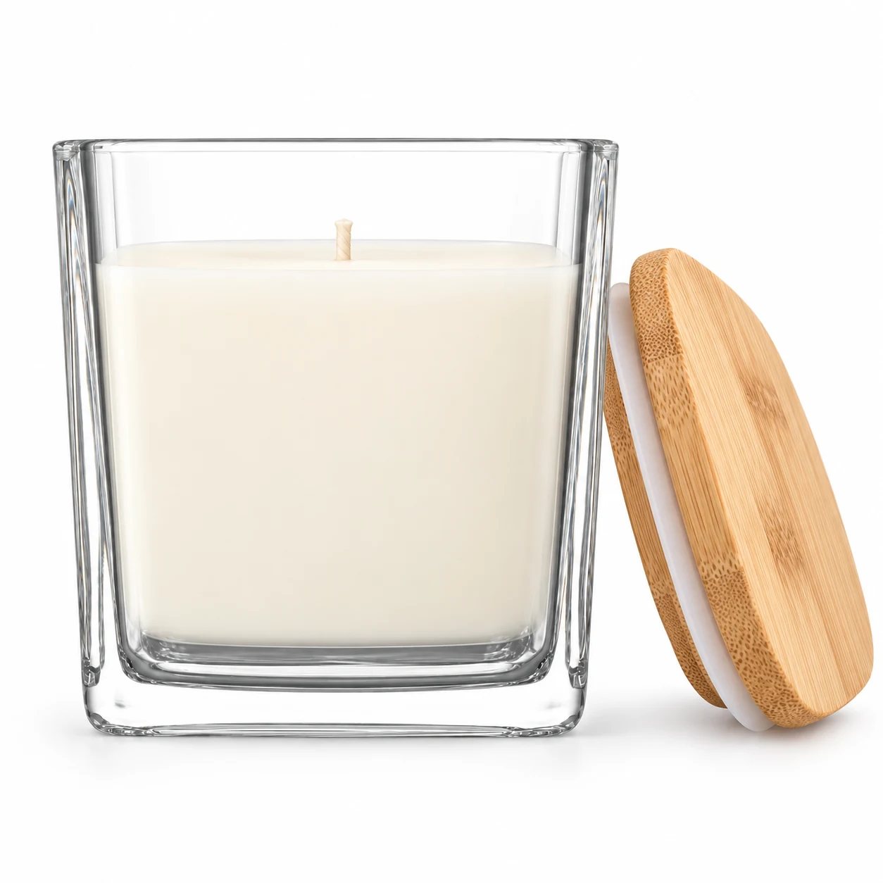 300ml Square Glass Candle Jar (VSS-CJ-020) — candle application — bamboo lid