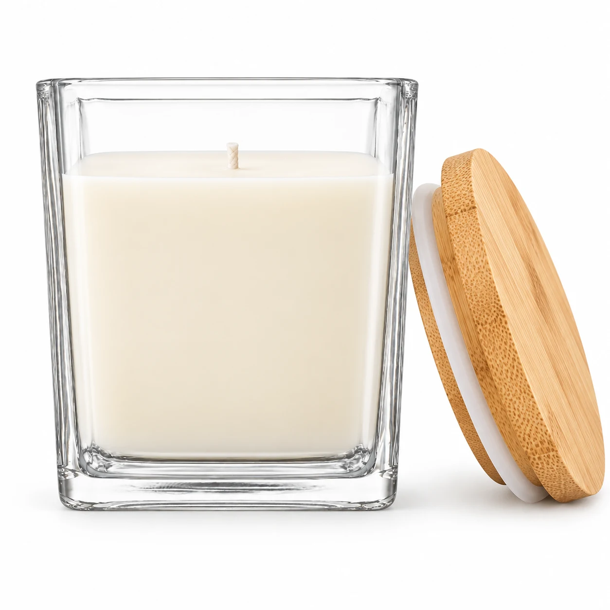 1090ml Square Glass Candle Jar (VSS-CJ-022) — candle application — bamboo lid