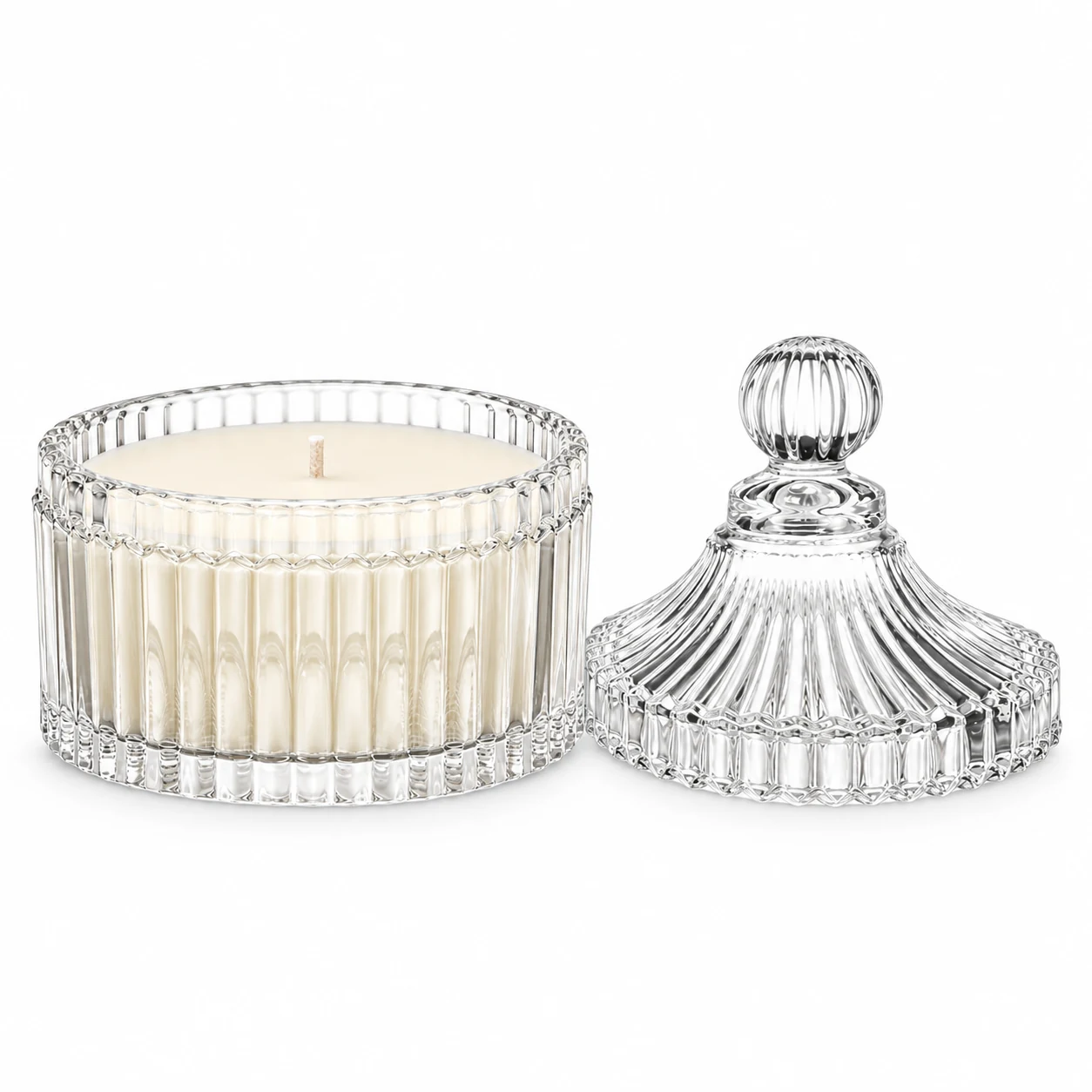 Ribbed Glass Candle Jar with Lid (VSS-CJ-023) — clear wax