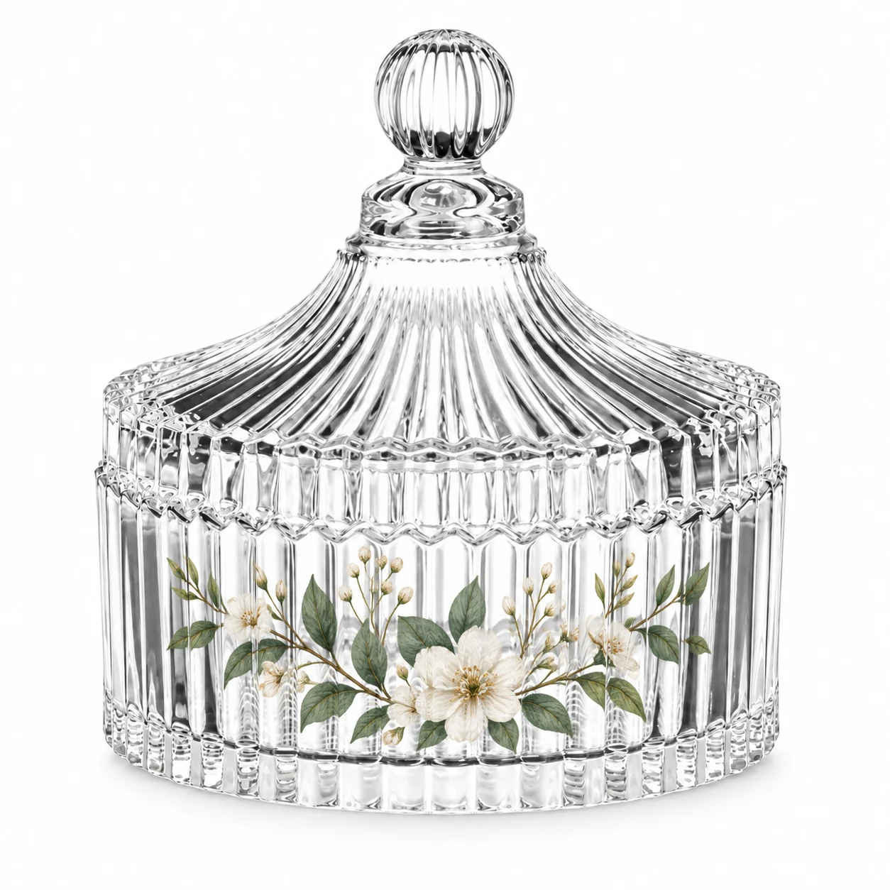 Ribbed Glass Candle Jar with Lid (VSS-CJ-023) — botanical decal