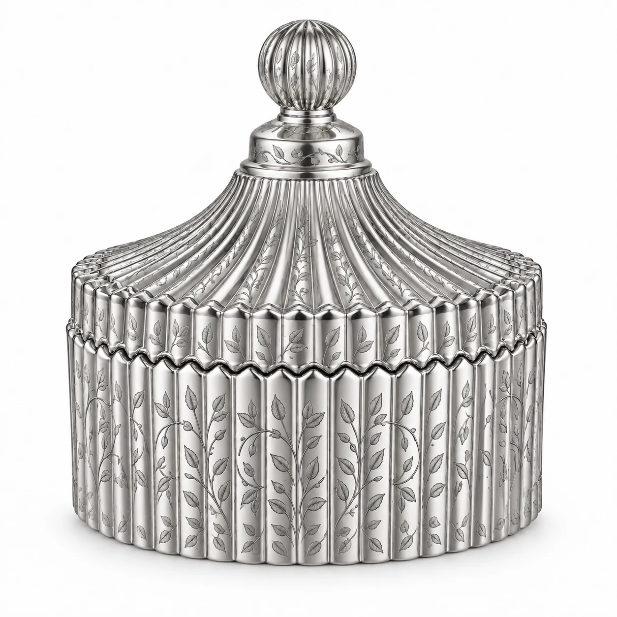 Ribbed Glass Candle Jar with Lid (VSS-CJ-023) — silver engraved
