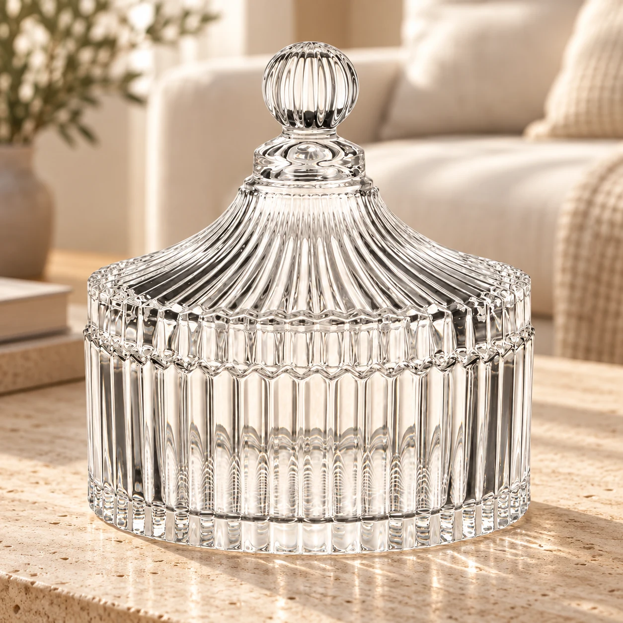 Ribbed Glass Candle Jar with Lid (VSS-CJ-023) — lifestyle