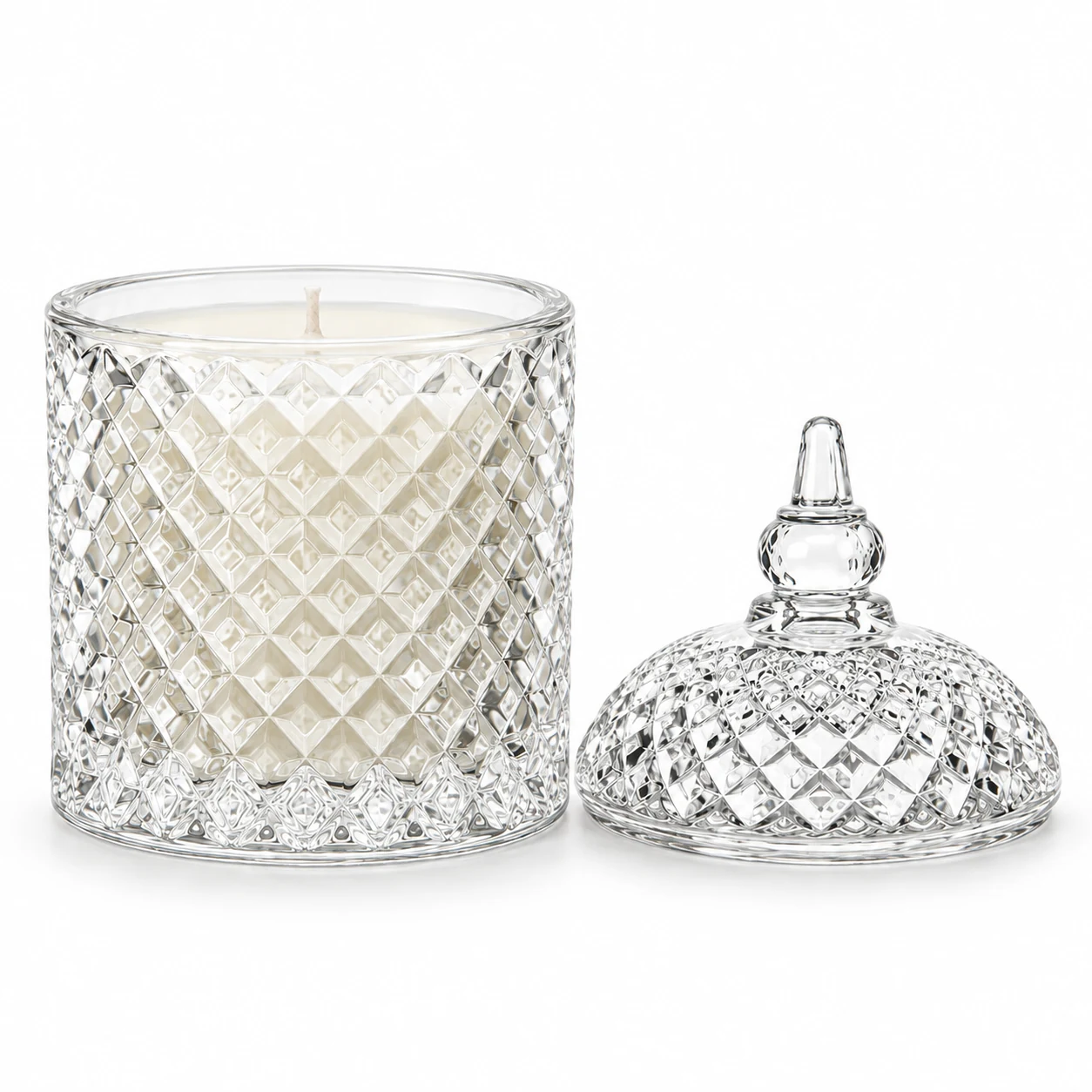 400ml Diamond-Pattern Glass Candle Jar with Lid - VSS-CJ-026 — clear wax