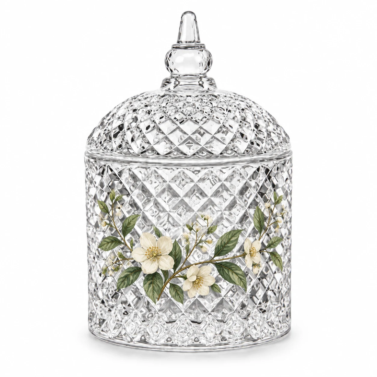 400ml Diamond-Pattern Glass Candle Jar with Lid - VSS-CJ-026 — botanical decal