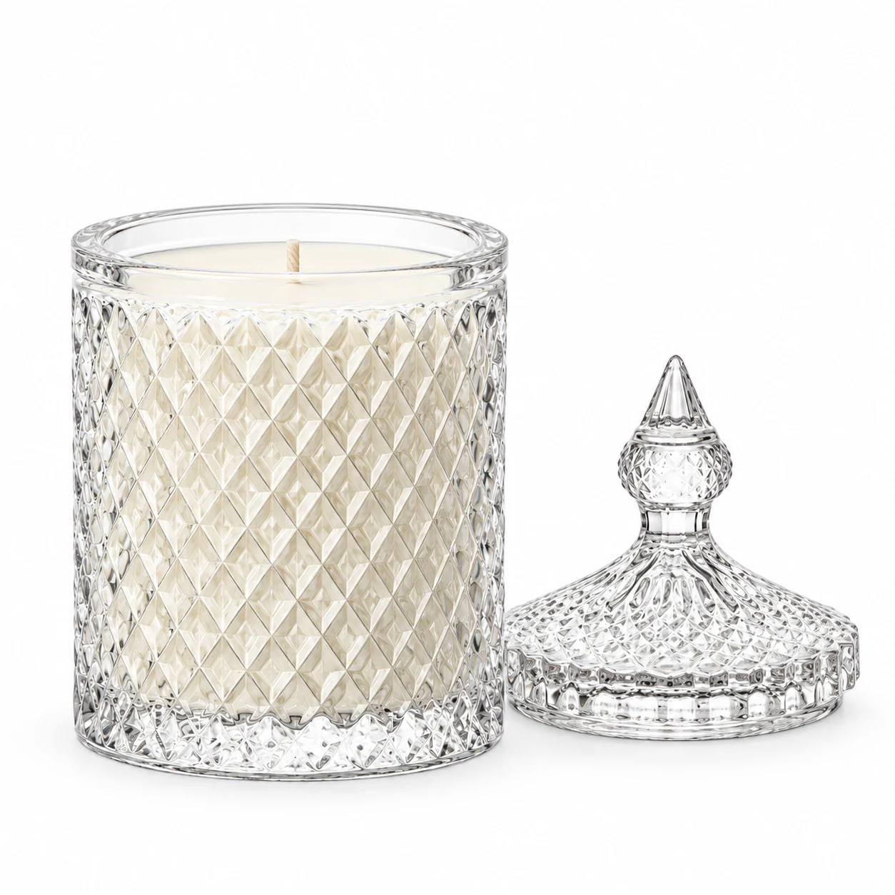 300ml Diamond-Pattern Glass Candle Jar with Lid - VSS-CJ-027 — clear wax
