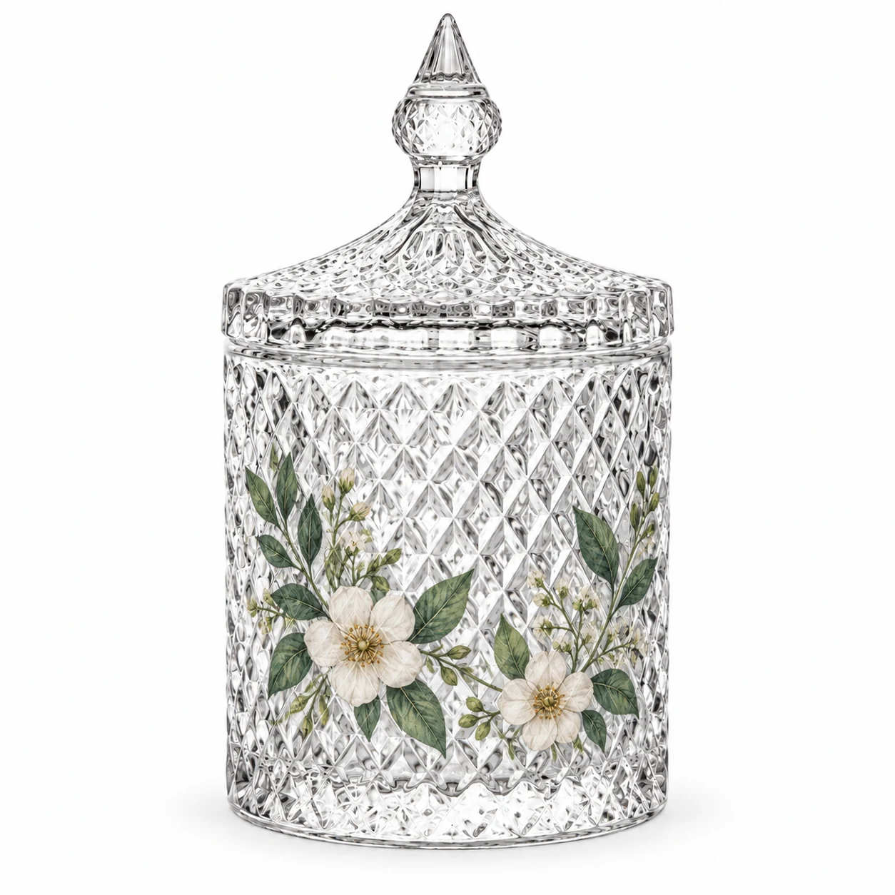 300ml Diamond-Pattern Glass Candle Jar with Lid - VSS-CJ-027 — botanical decal