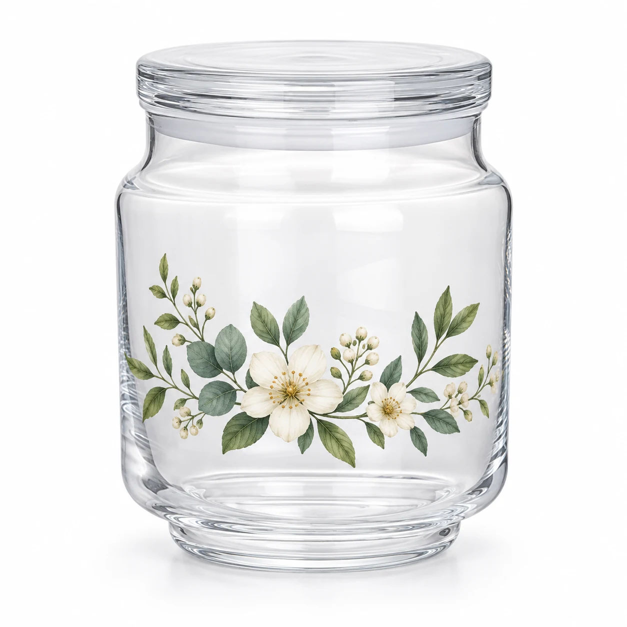 450ml Rounded Glass Candle Jar with Lid (VSS-CJ-028) — botanical decal