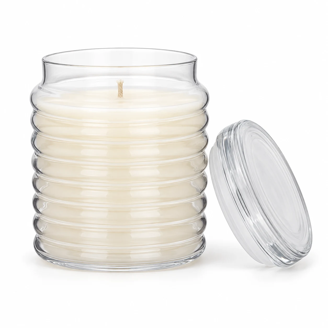 450ml Horizontal Ribbed Glass Candle Jar with Lid - VSS-CJ-033 — clear wax