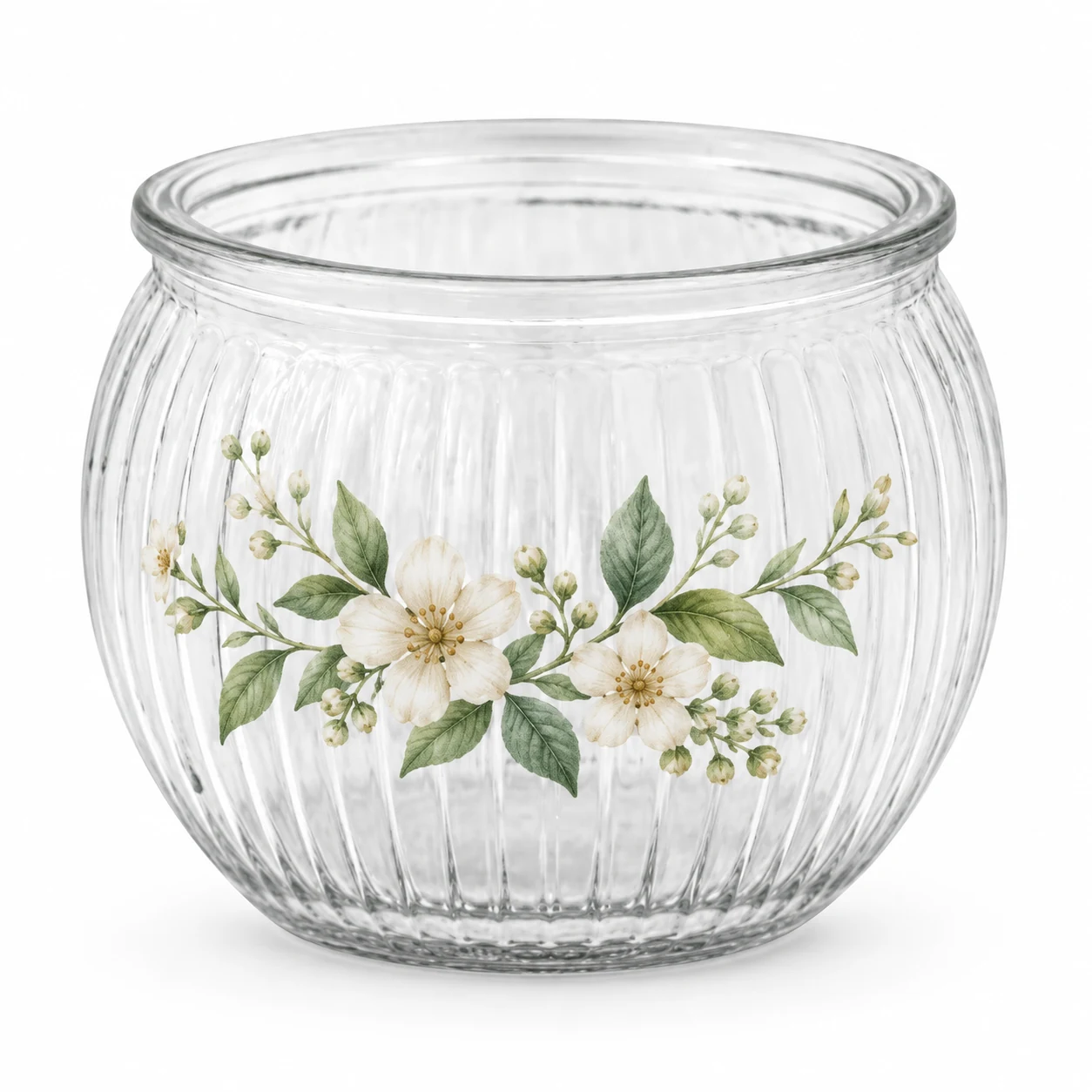 185ml Ribbed Round Glass Candle Jar (VSS-CJ-038) — botanical decal