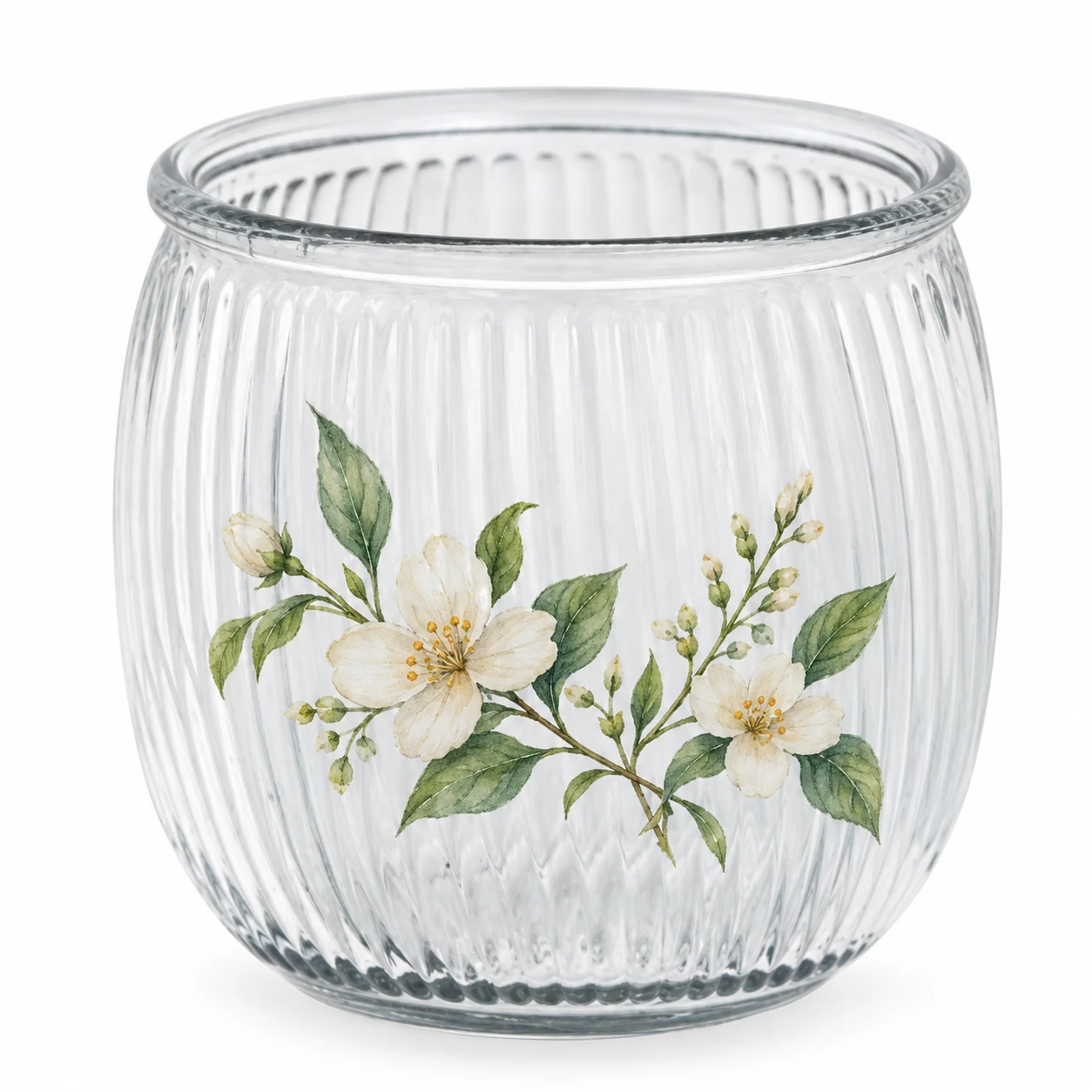 185ml Ribbed Round Glass Candle Jar (VSS-CJ-039) — botanical decal