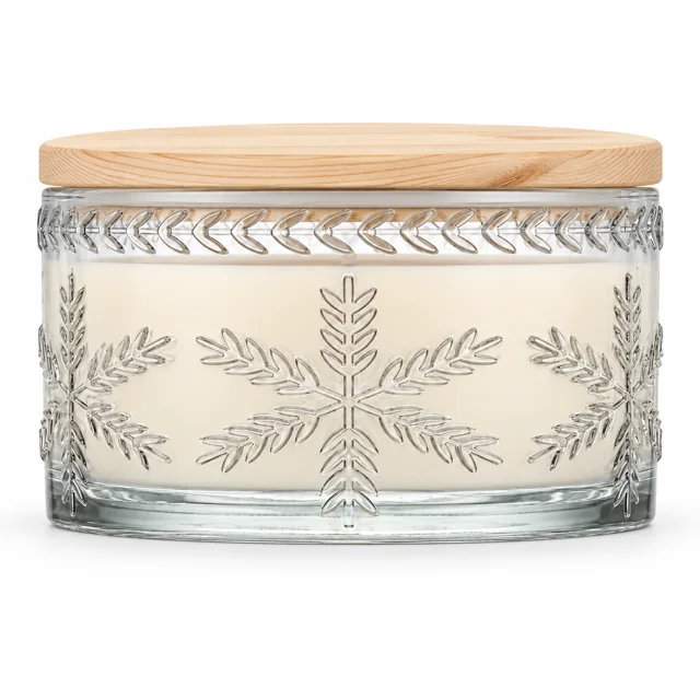 1050ml Leaf-Pattern Glass Candle Jar (VSS-CJ-044) — wooden lid — filled-candle reference
