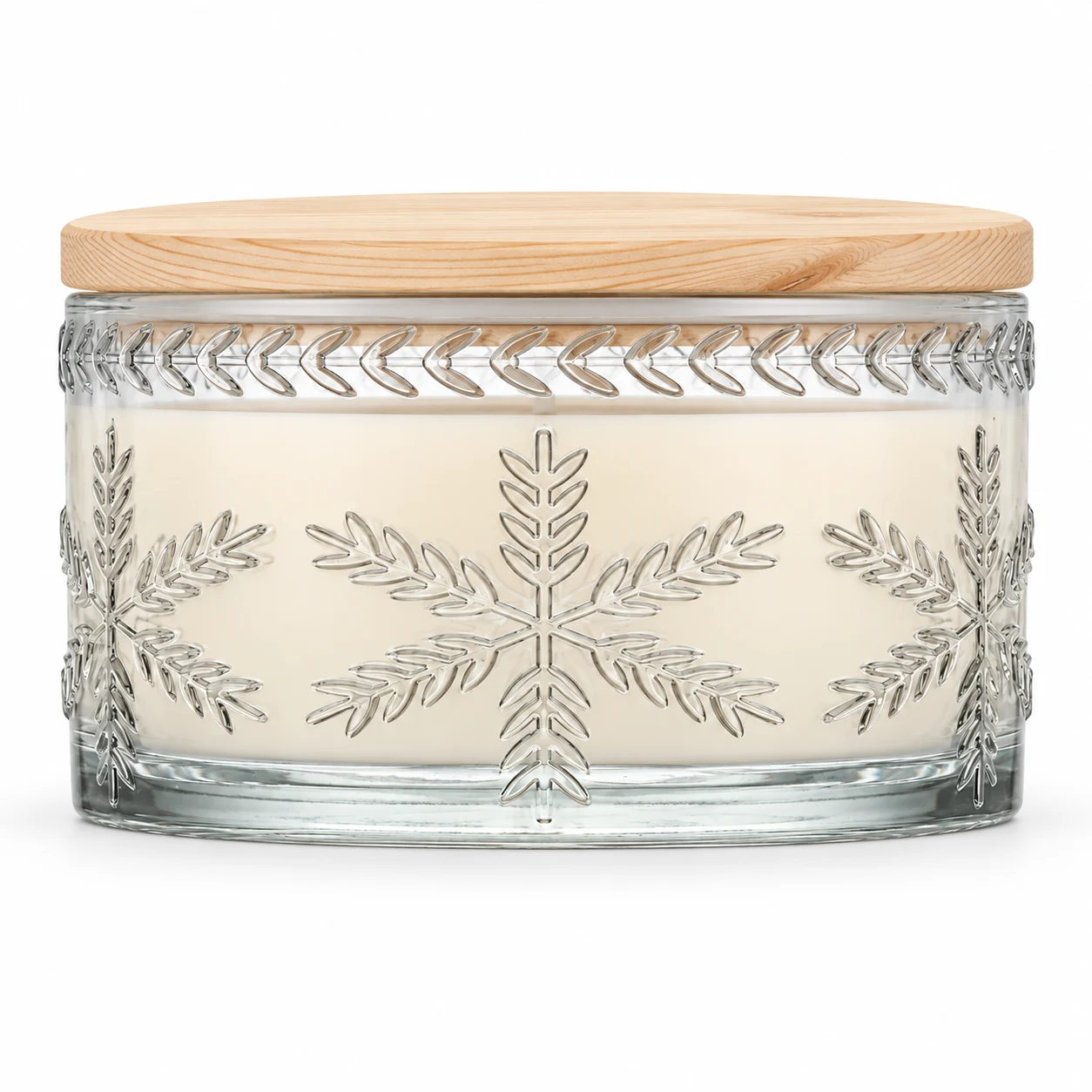 1050ml Leaf-Pattern Glass Candle Jar (VSS-CJ-044) — wooden lid — filled-candle reference