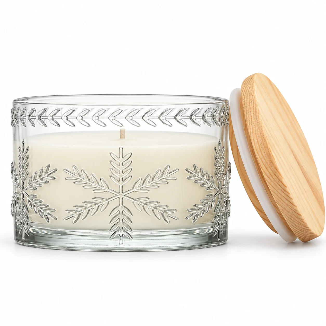 1050ml Leaf-Pattern Glass Candle Jar (VSS-CJ-044) — candle application — pine lid