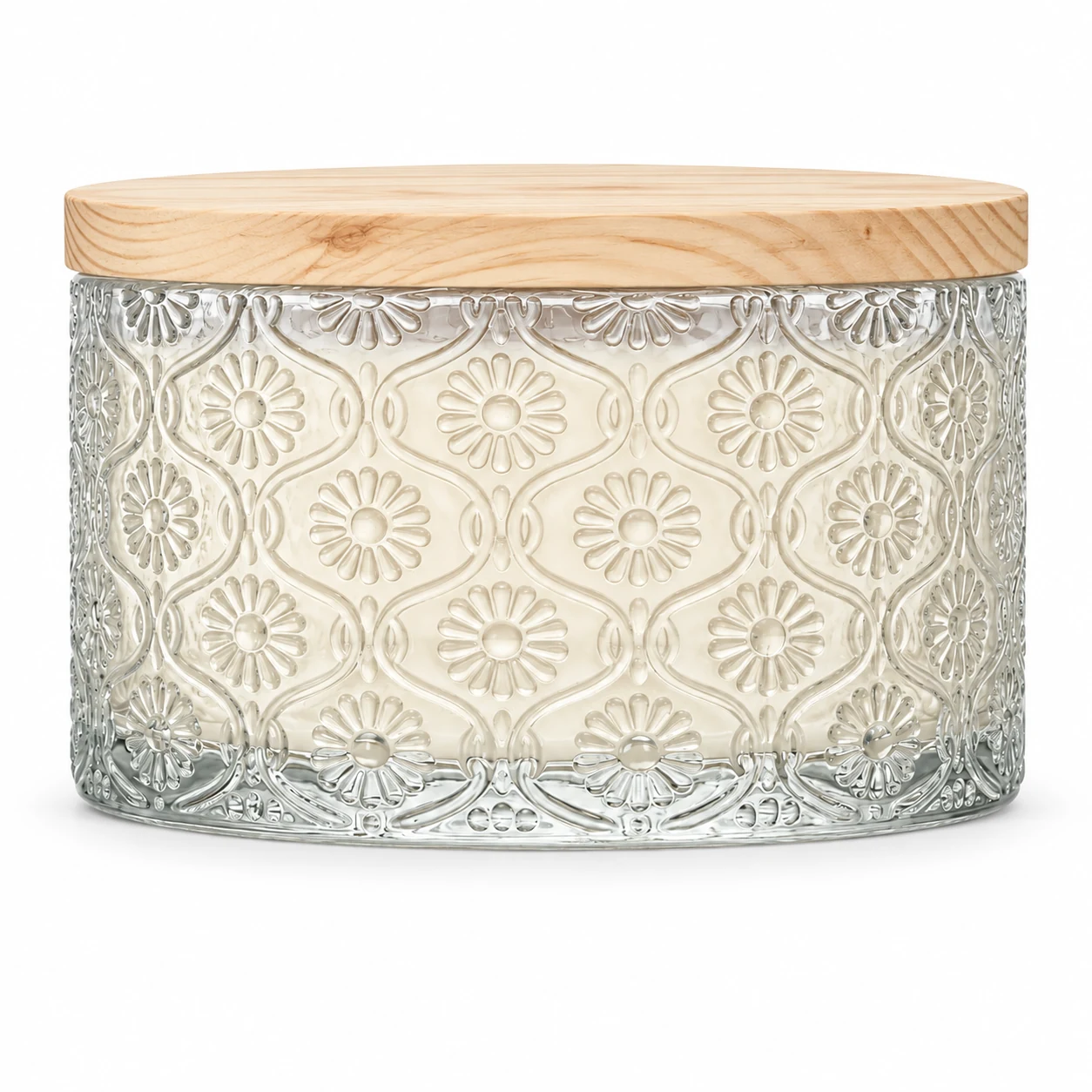 1050ml Floral-Pattern Glass Candle Jar (VSS-CJ-045) — candle application — pine lid closed