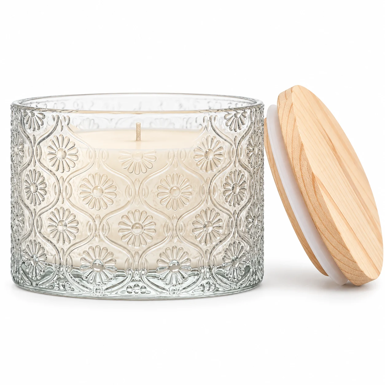 1050ml Floral-Pattern Glass Candle Jar (VSS-CJ-045) — candle application — pine lid