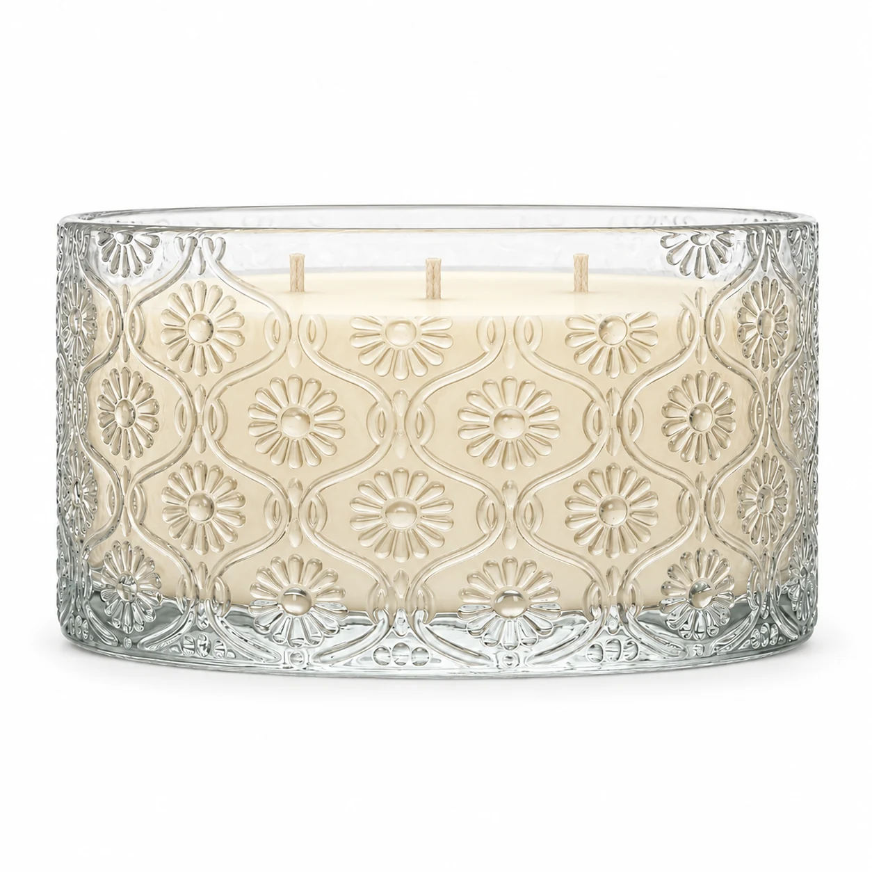 1050ml Floral-Pattern Glass Candle Jar (VSS-CJ-045) — candle application — three wicks