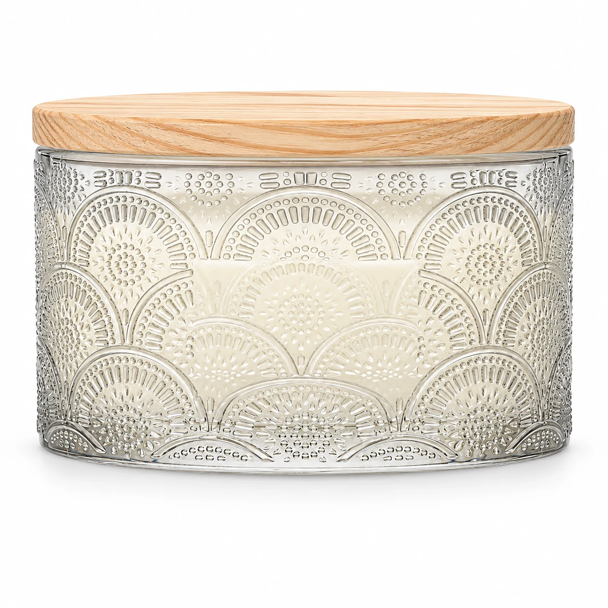 1050ml Fan-Pattern Glass Candle Jar (VSS-CJ-047) — candle application — pine lid closed