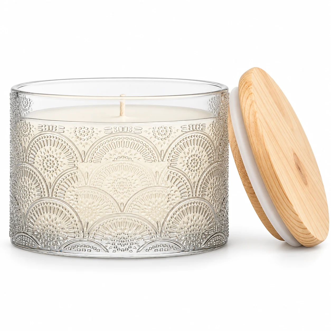1050ml Fan-Pattern Glass Candle Jar (VSS-CJ-047) — candle application — pine lid