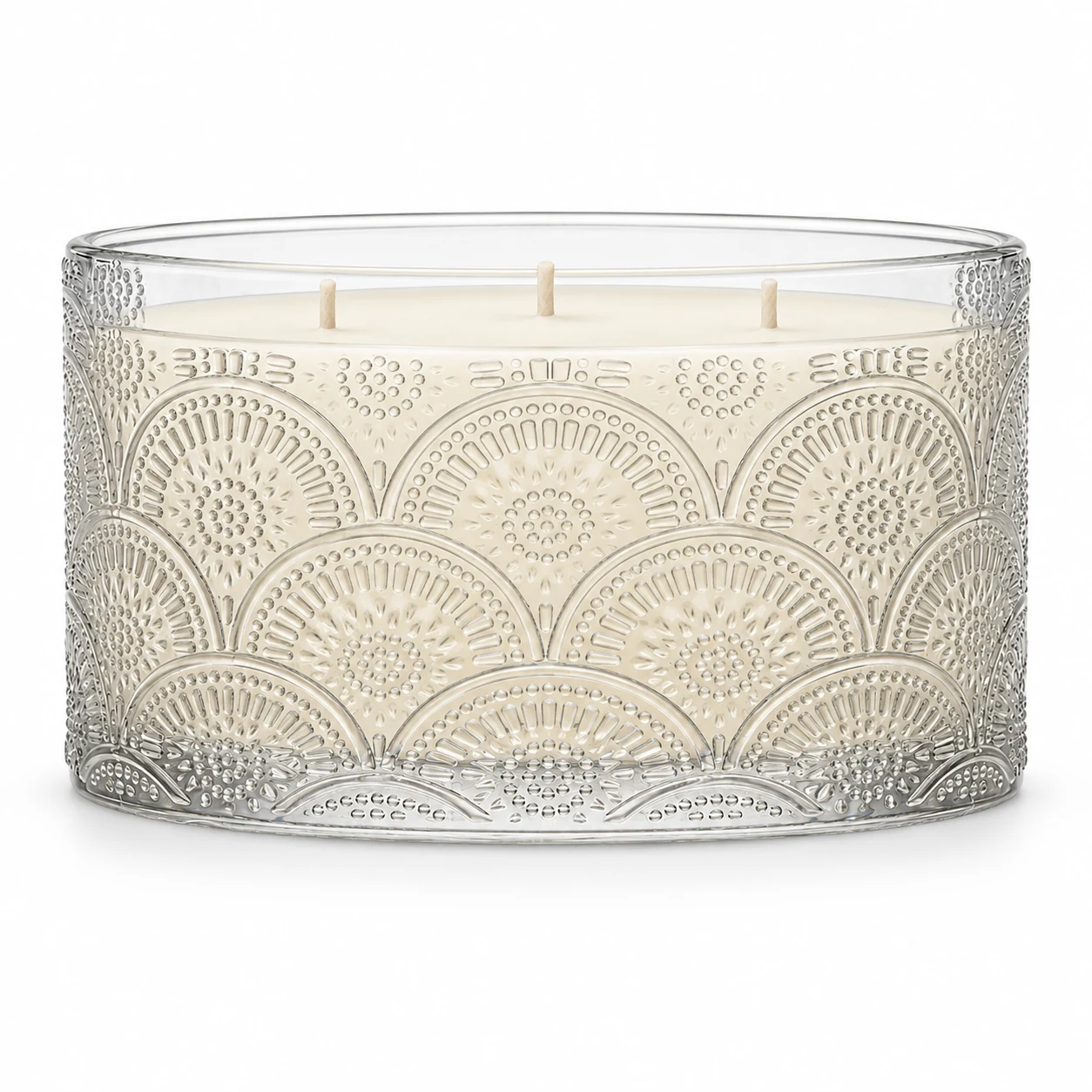 1050ml Fan-Pattern Glass Candle Jar (VSS-CJ-047) — candle application — three wicks