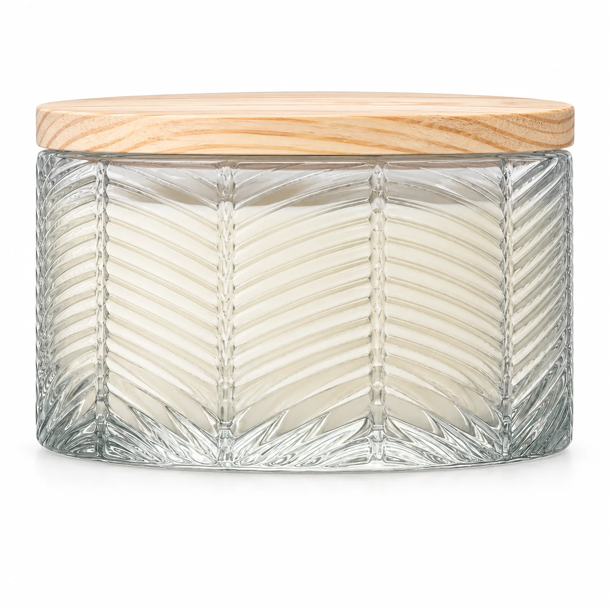1050ml Chevron-Pattern Glass Candle Jar (VSS-CJ-048) — wooden lid — filled-candle reference