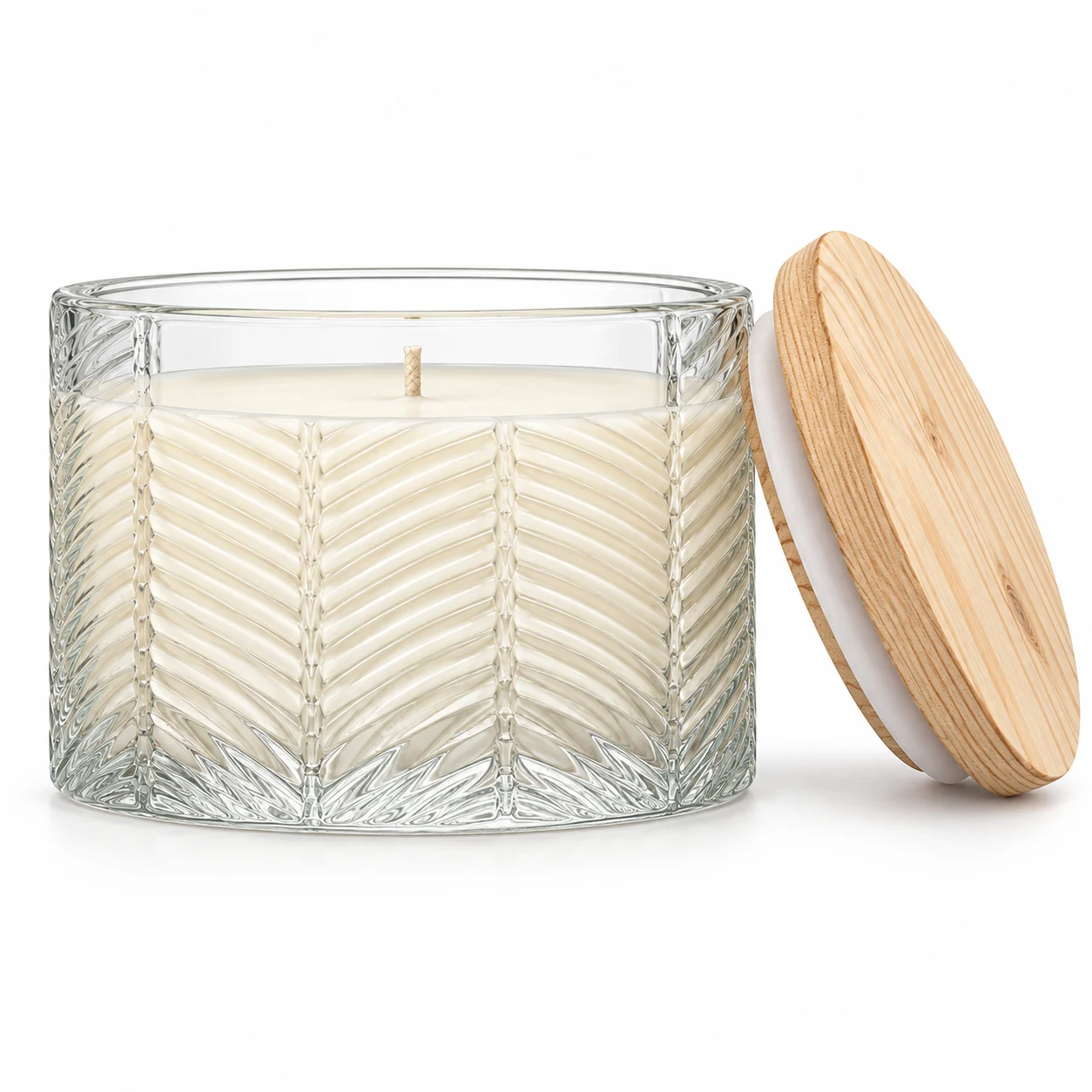 1050ml Chevron-Pattern Glass Candle Jar (VSS-CJ-048) — candle application — pine lid