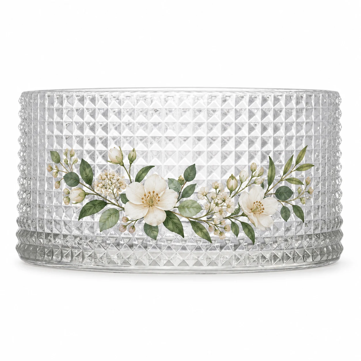1050ml Diamond-Pattern Glass Candle Jar (VSS-CJ-049) — botanical decal