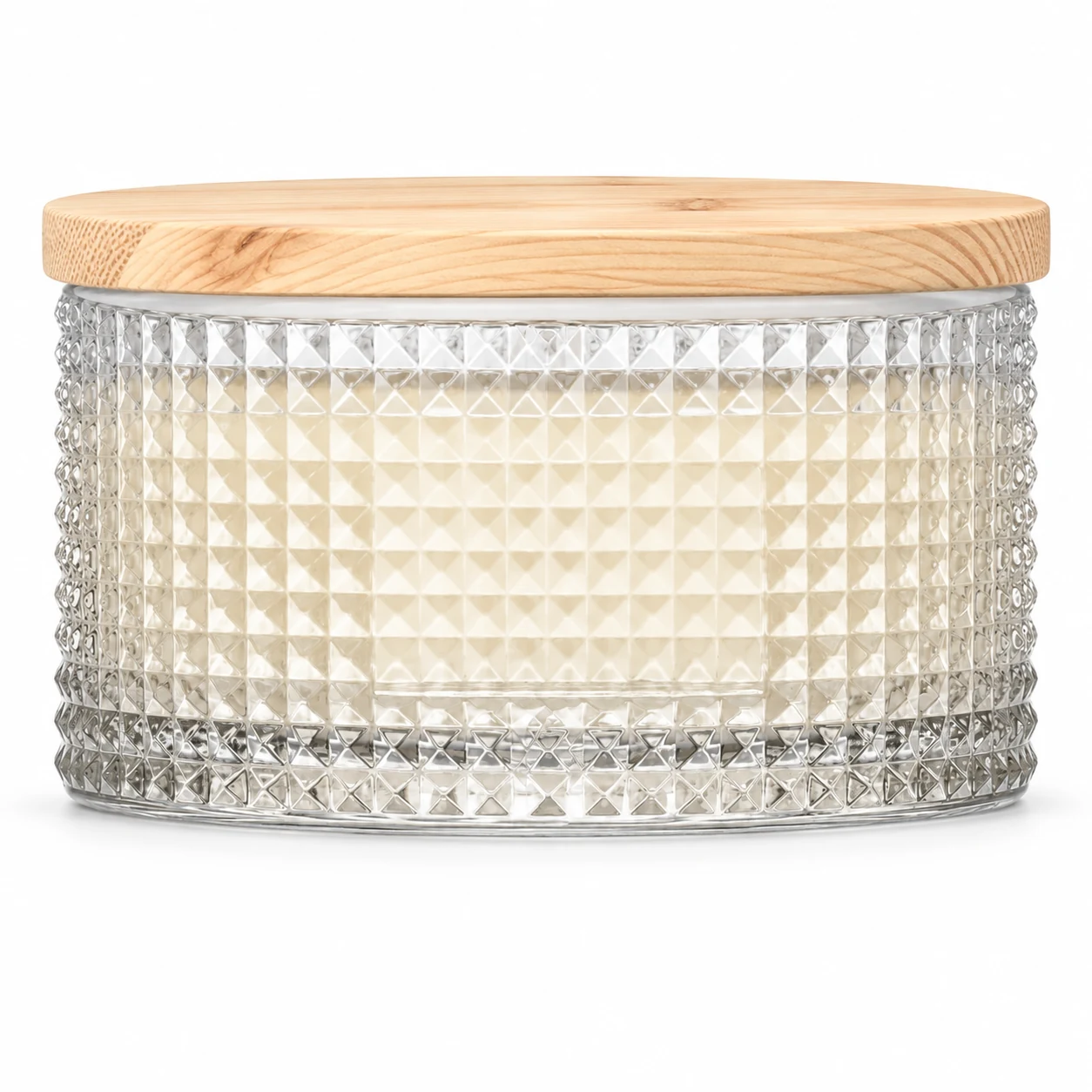 1050ml Diamond-Pattern Glass Candle Jar (VSS-CJ-049) — candle application — pine lid closed