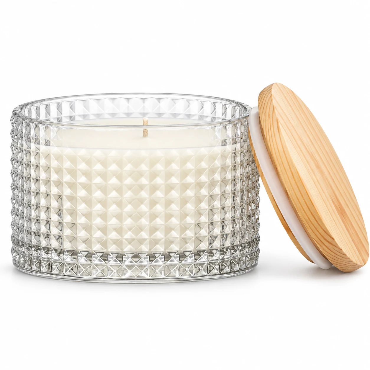 1050ml Diamond-Pattern Glass Candle Jar (VSS-CJ-049) — candle application — pine lid