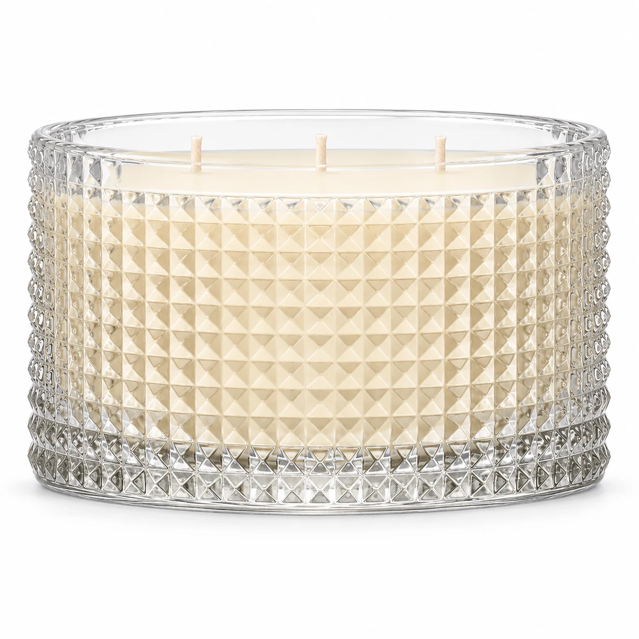1050ml Diamond-Pattern Glass Candle Jar (VSS-CJ-049) — candle application — three wicks