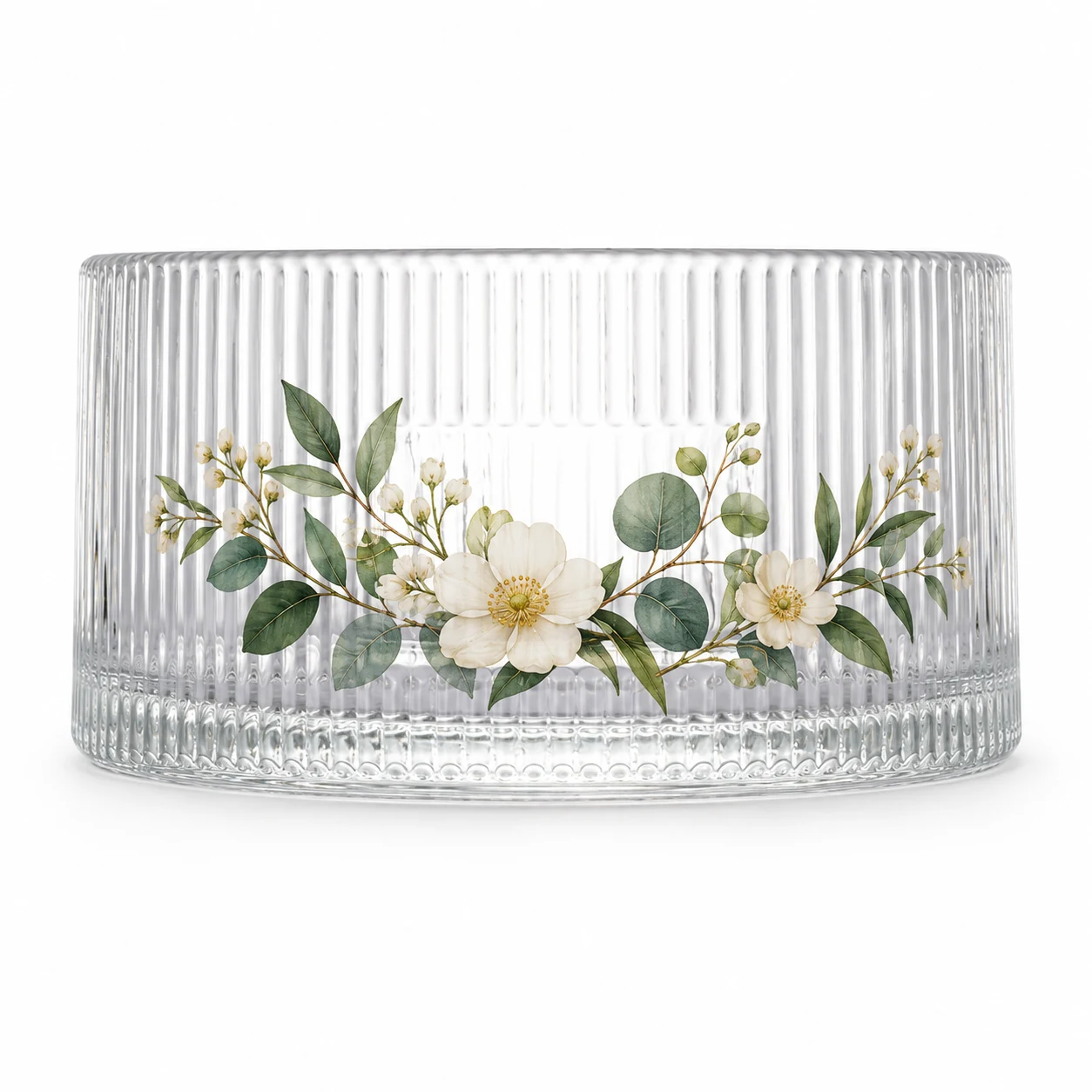 1050ml Ribbed Wide Glass Candle Jar (VSS-CJ-050) — botanical decal