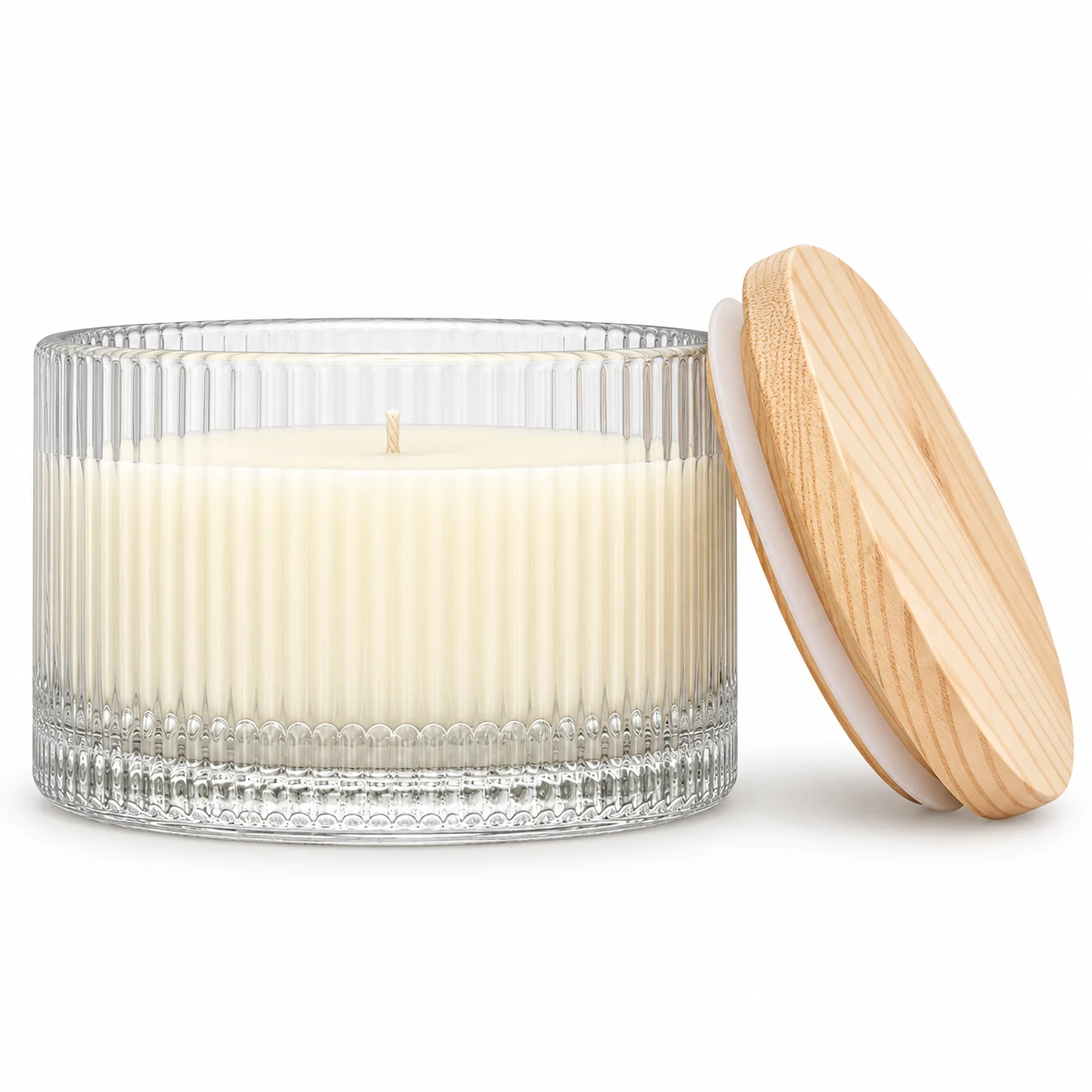 1050ml Ribbed Wide Glass Candle Jar (VSS-CJ-050) — candle application — pine lid