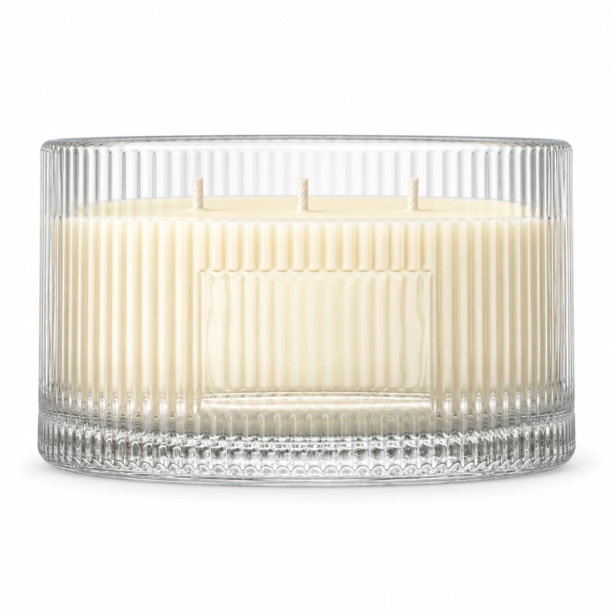 1050ml Ribbed Wide Glass Candle Jar (VSS-CJ-050) — candle application — three wicks