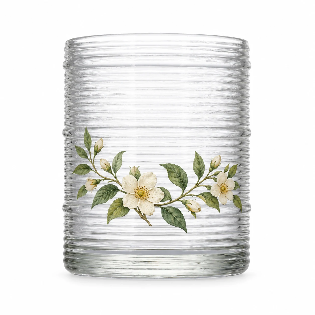 Horizontal Ribbed Glass Candle Jar (VSS-CJ-051) — botanical decal