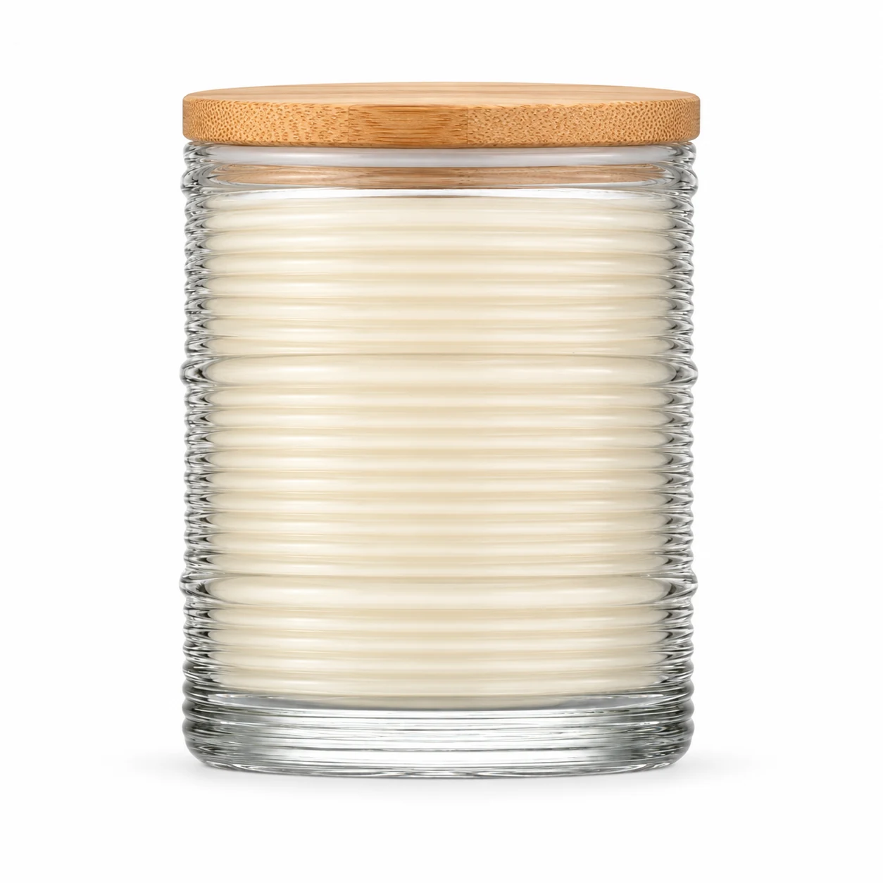 Horizontal Ribbed Glass Candle Jar (VSS-CJ-051) — candle application — bamboo lid closed