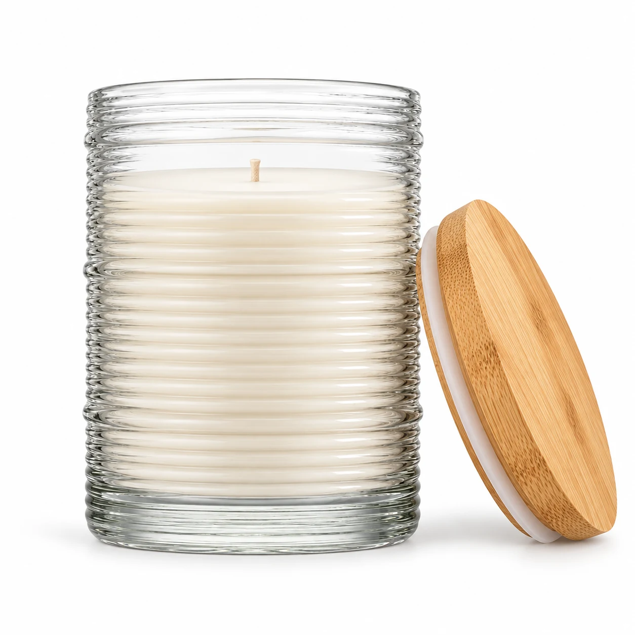 Horizontal Ribbed Glass Candle Jar (VSS-CJ-051) — candle application — bamboo lid