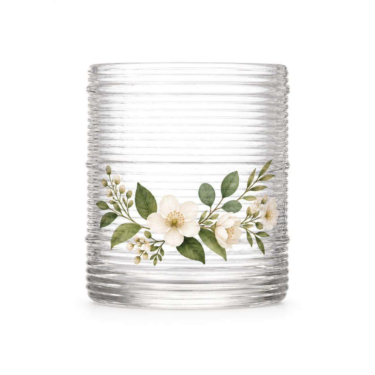 Horizontal Ribbed Glass Candle Jar (VSS-CJ-052) — botanical decal
